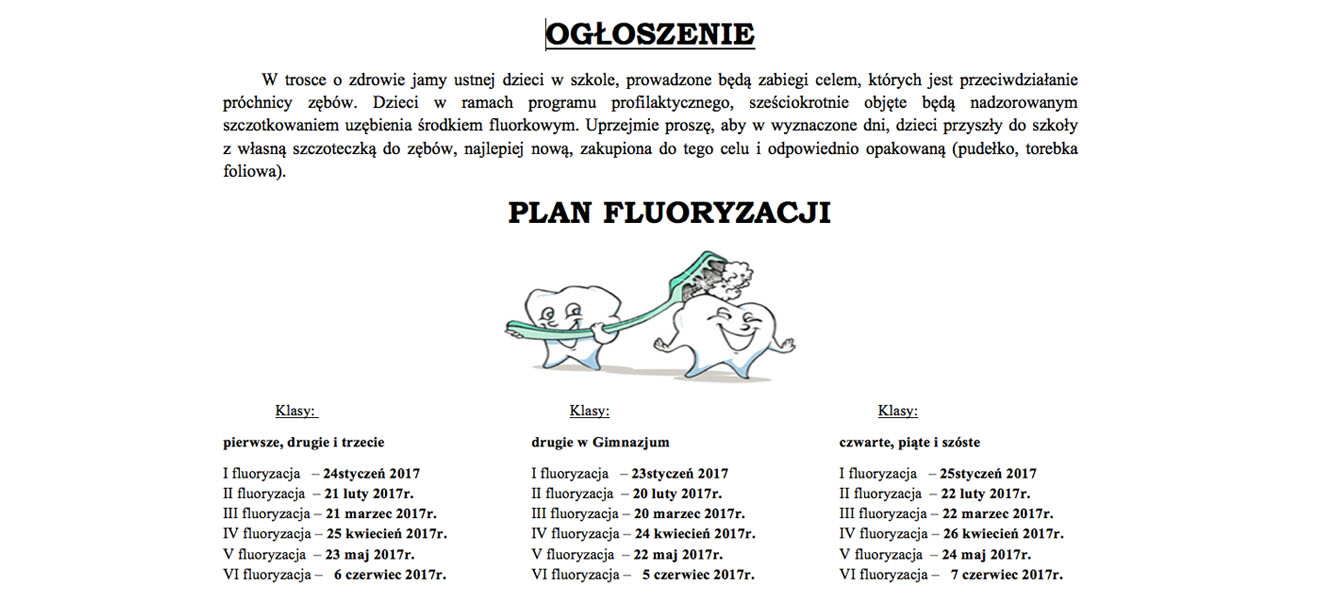 OGŁOSZENIE – PLAN FLUORYZACJI