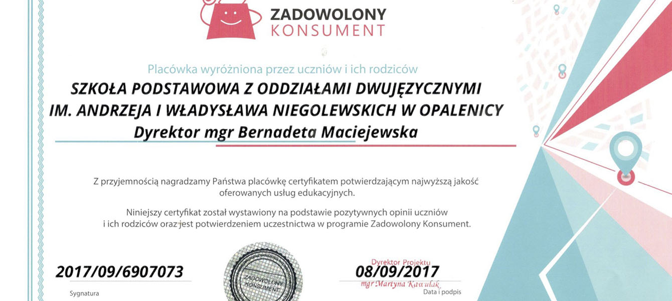 Certyfikat ZADOWOLONY KONSUMENT dla naszej szkoły