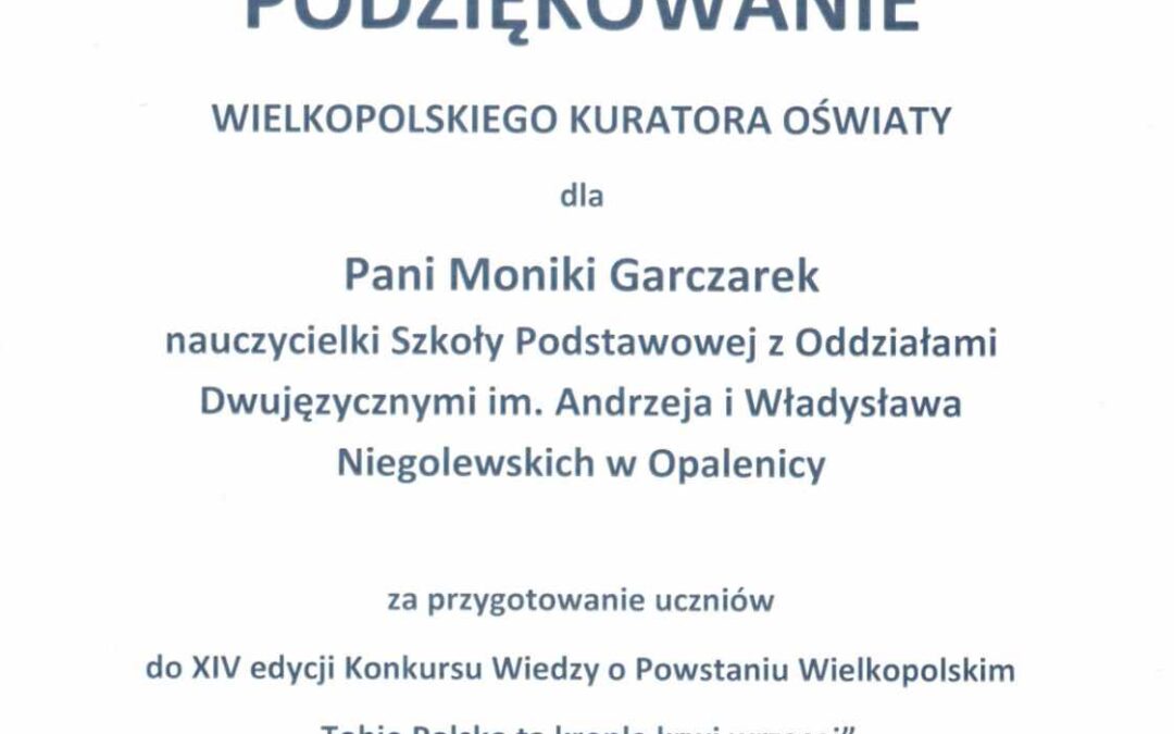 Podziękowanie Wielkopolskiego Kuratora Oświaty